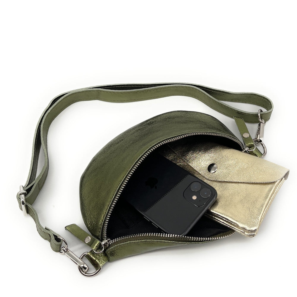 Sac banane en cuir irisé LOU Kaki irisé
