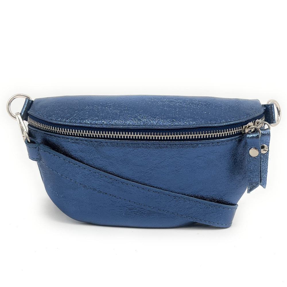 Sac banane en cuir irisé LOU Bleu cobalt
