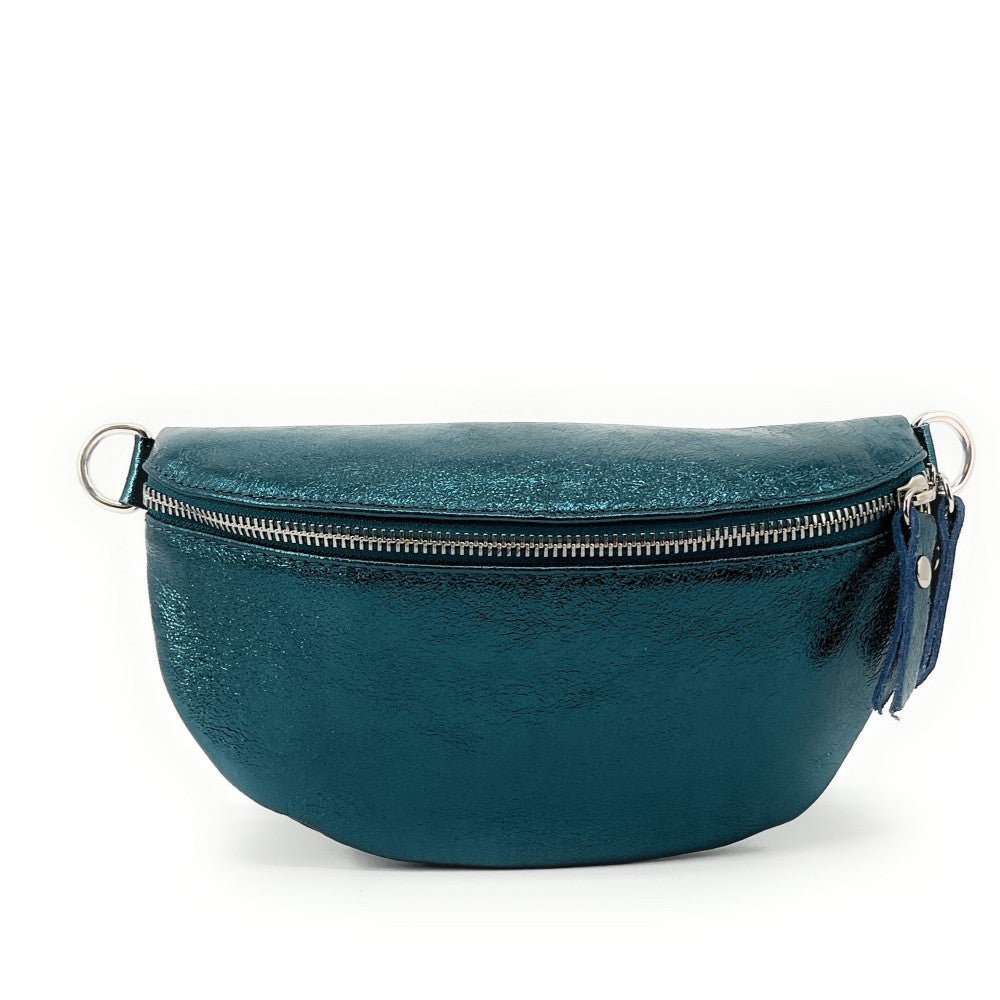 Sac banane en cuir irisé LOU Bleu vert canard