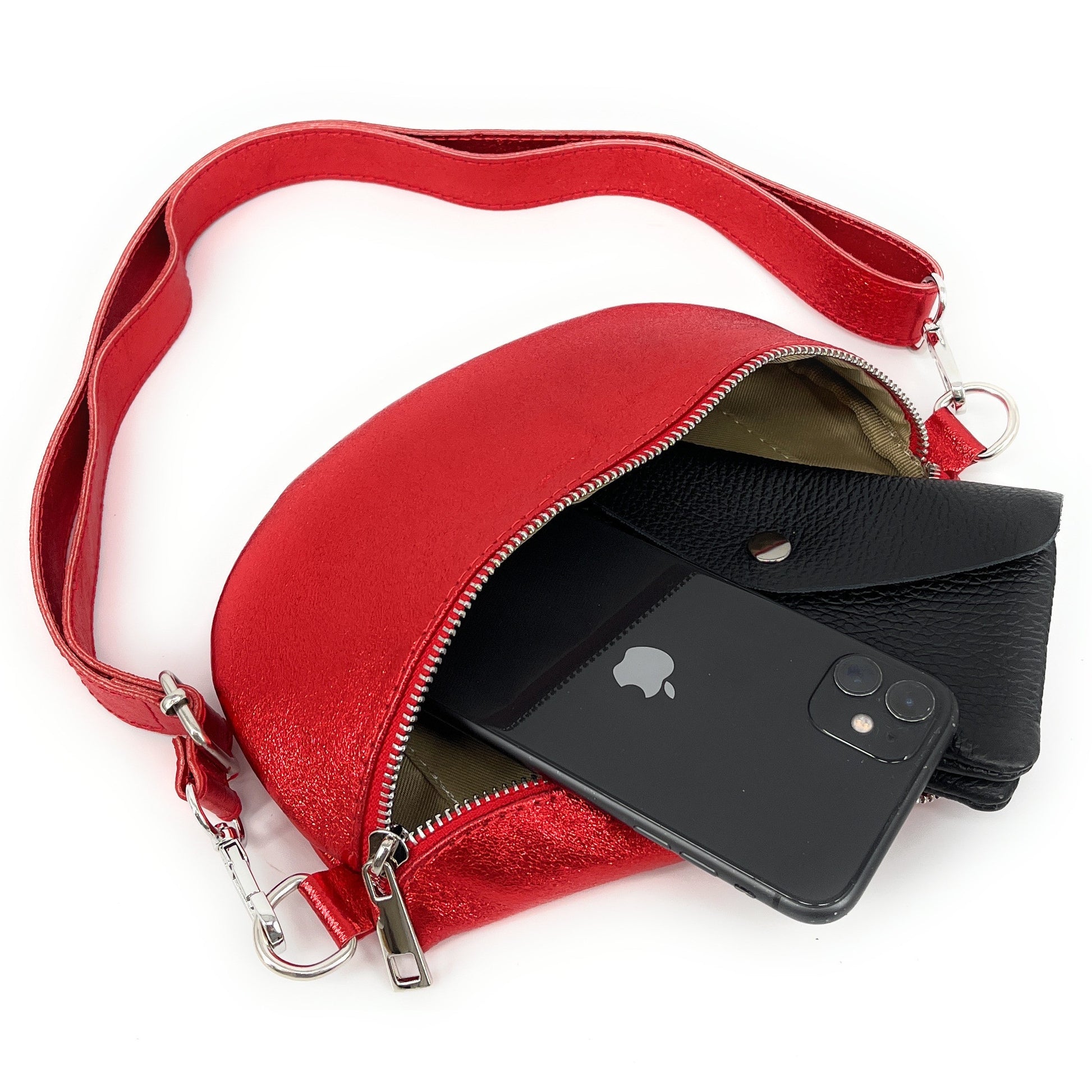 Sac banane en cuir irisé LOU Rouge garance