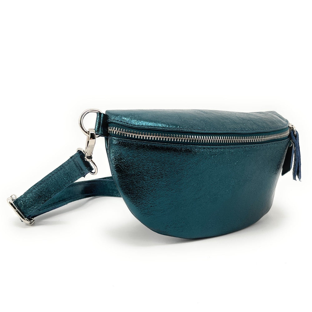 Sac banane en cuir irisé LOU Bleu vert canard