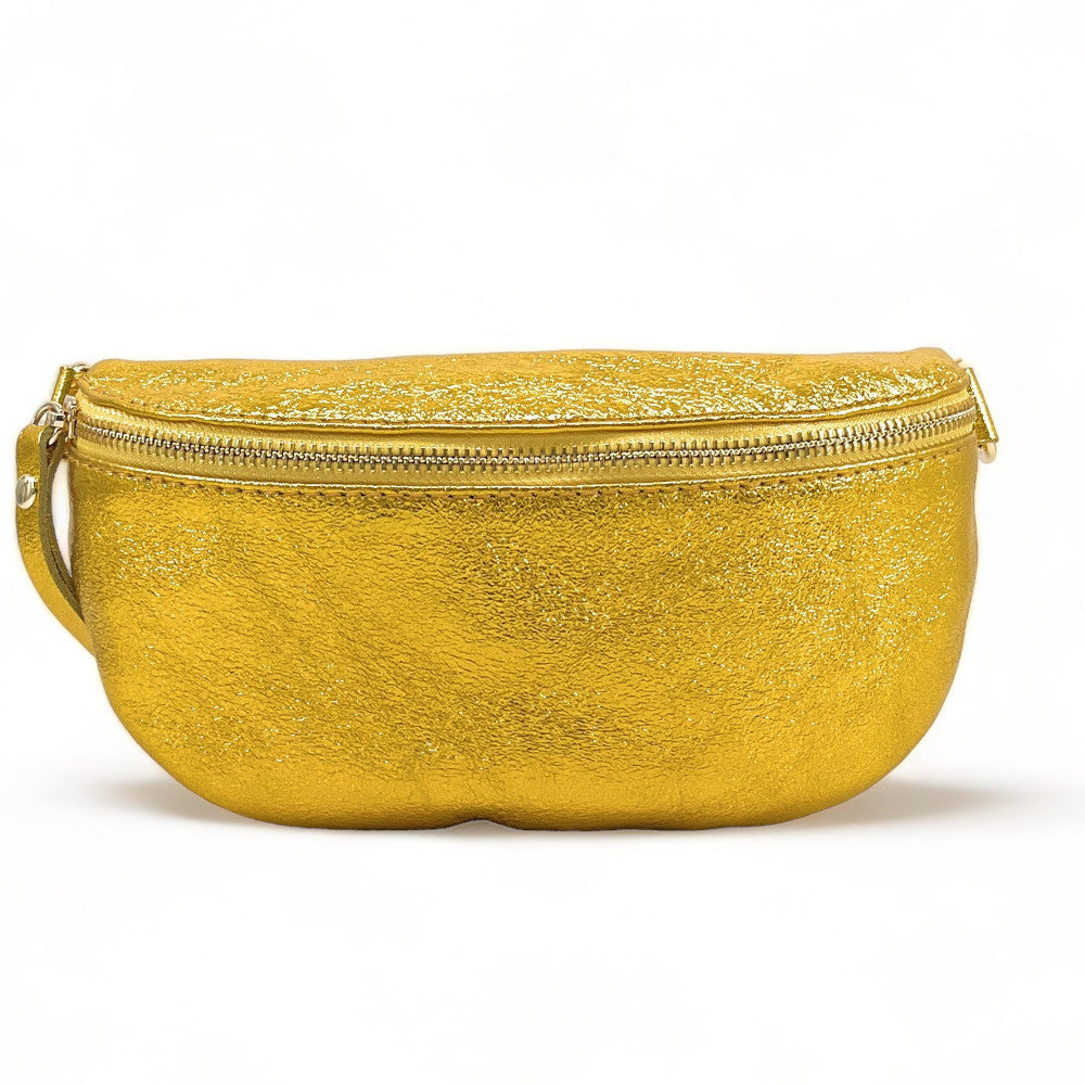 Sac banane en cuir irisé LOU Jaune Moutarde