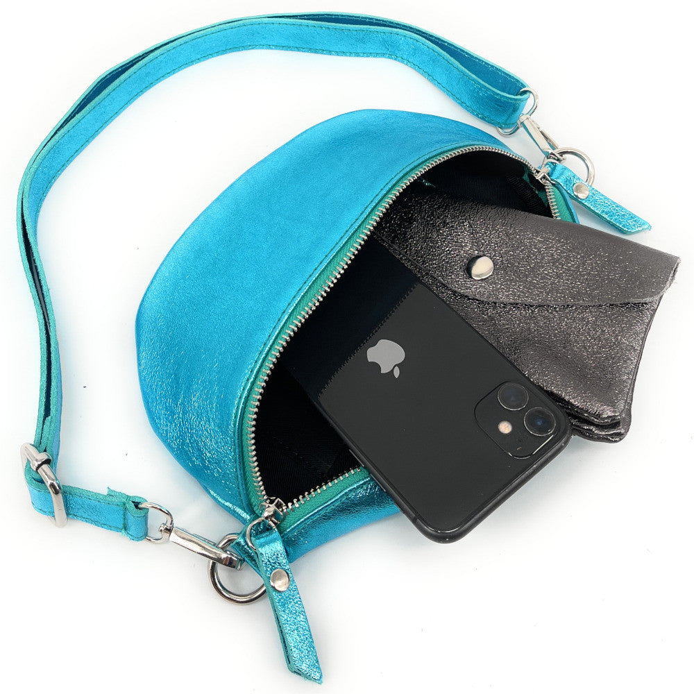 Sac banane en cuir irisé LOU Turquoise irisé