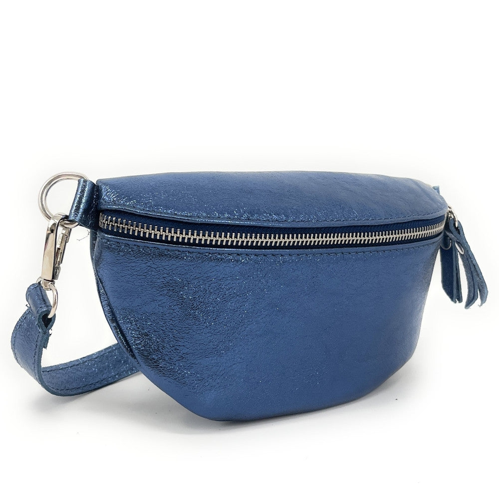Sac banane en cuir irisé LOU Bleu cobalt