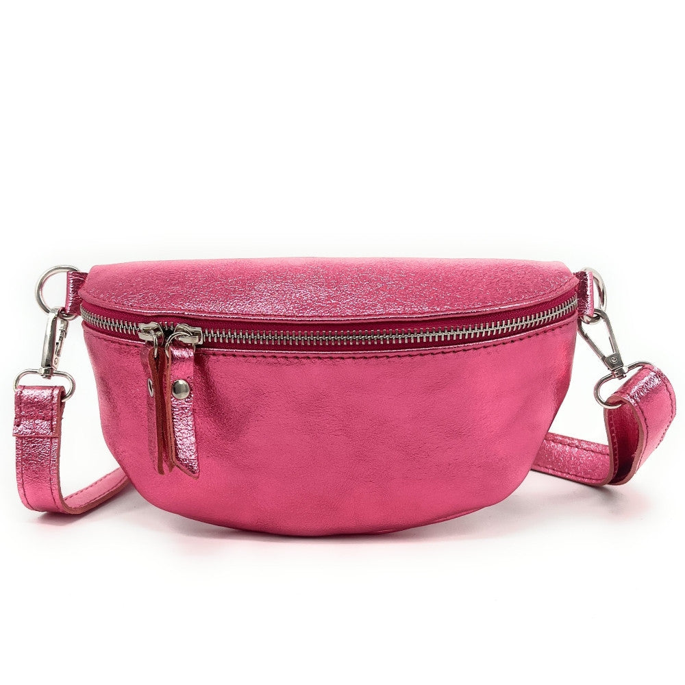 Sac banane en cuir irisé LOU Rose néon