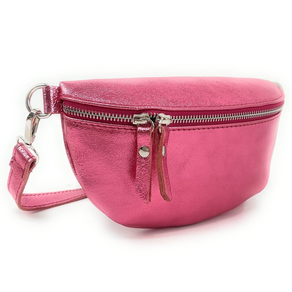 Sac banane en cuir irisé LOU Rose néon