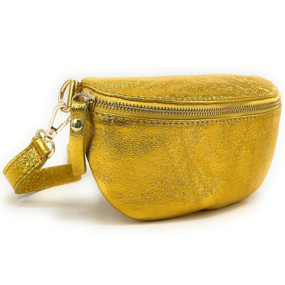 Sac banane en cuir irisé LOU Jaune Moutarde