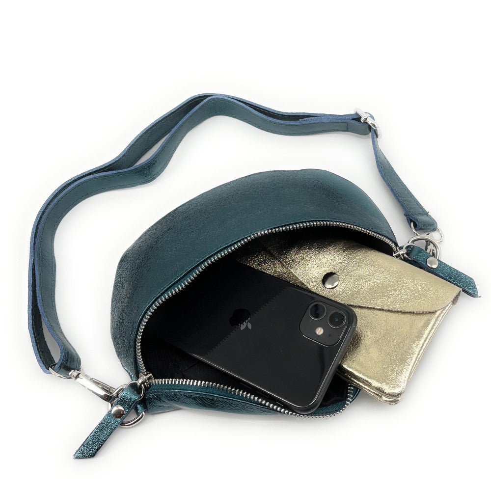 Sac banane en cuir irisé LOU Bleu vert canard
