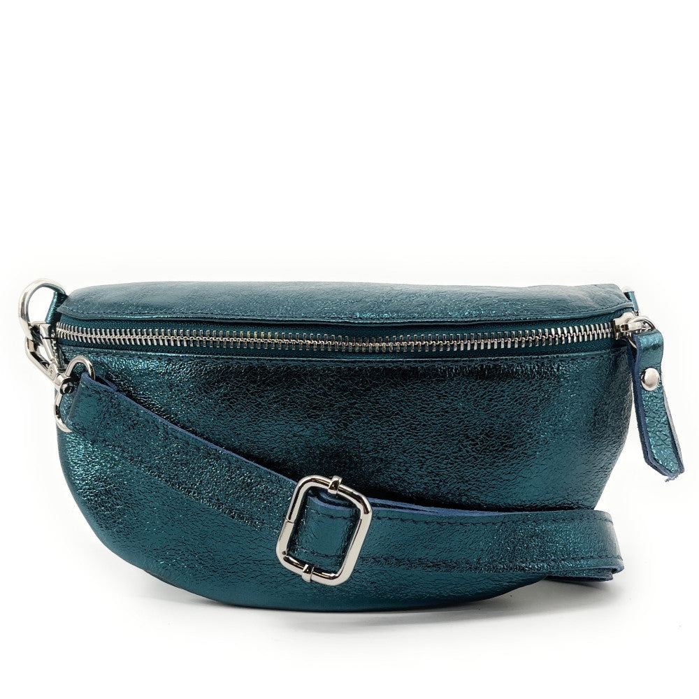 Sac banane en cuir irisé LOU Bleu vert canard