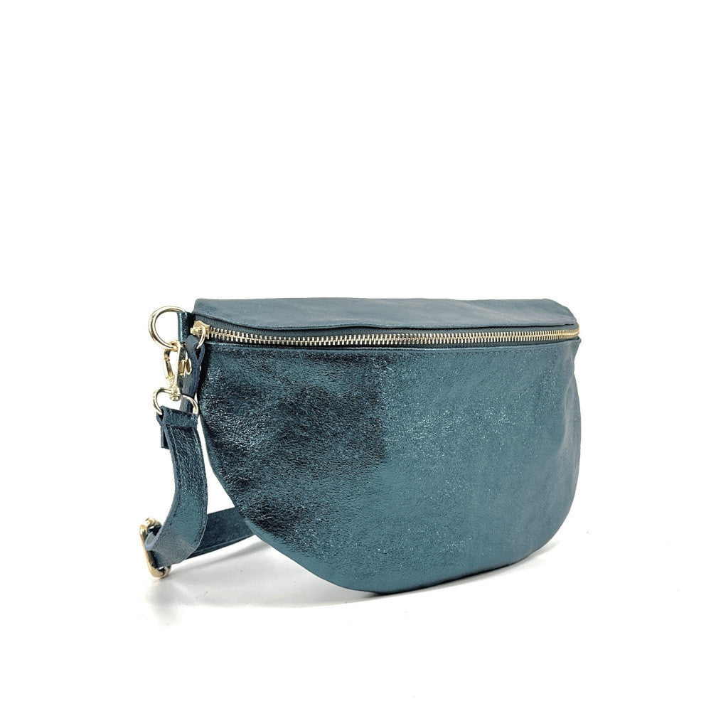 Sac banane en cuir irisé LOUNA Bleu vert canard