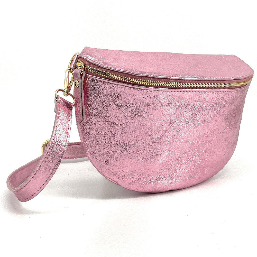 Sac banane en cuir irisé LOUNA Rose pâle irisé