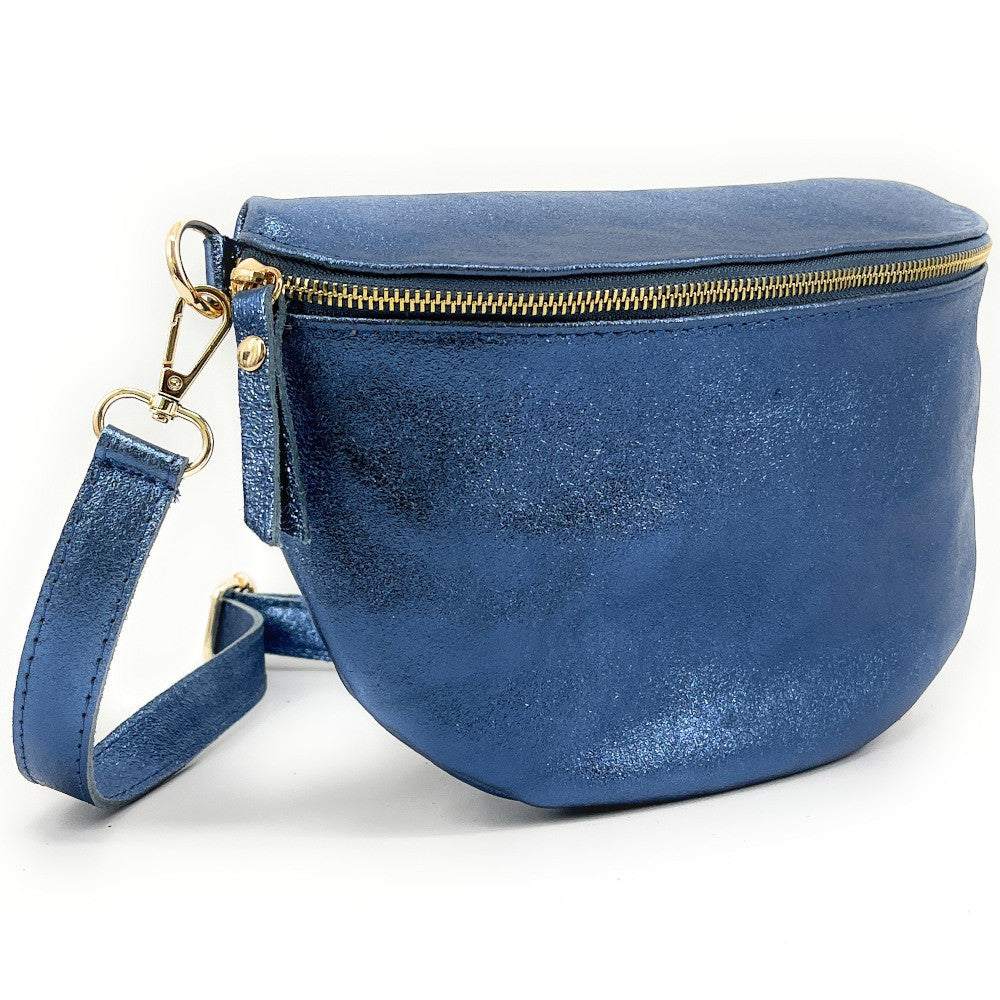 Sac banane en cuir irisé LOUNA Bleu céleste