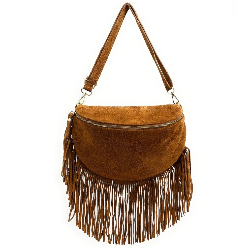 Sac banane en croûte de cuir à franges LOU RODEO Camel