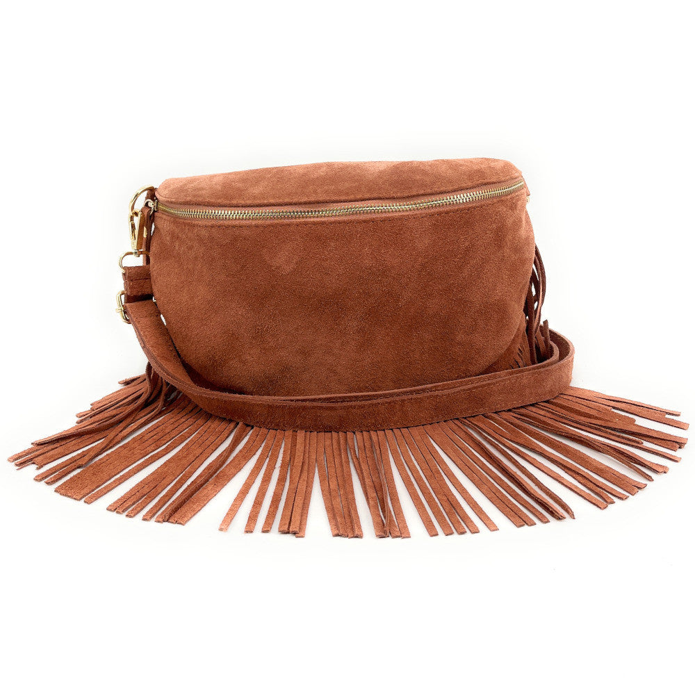 Sac banane en croûte de cuir à franges LOU RODEO Rose intense