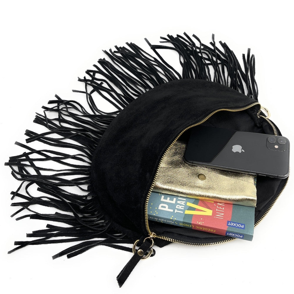 Sac banane en croûte de cuir à franges LOU RODEO Noir