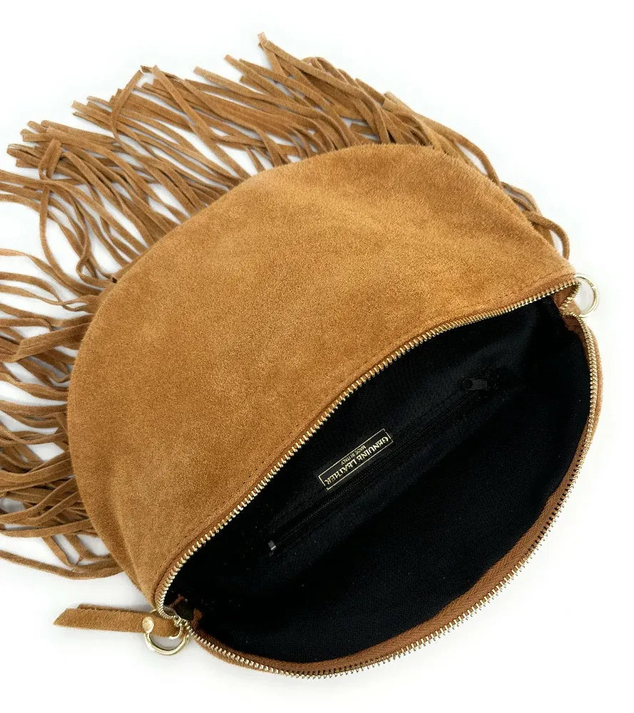 Sac banane en croûte de cuir à franges LOU RODEO Camel clair