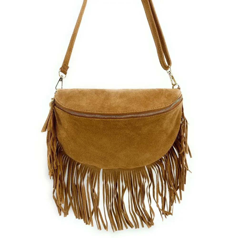 Sac banane en croûte de cuir à franges LOU RODEO Camel clair