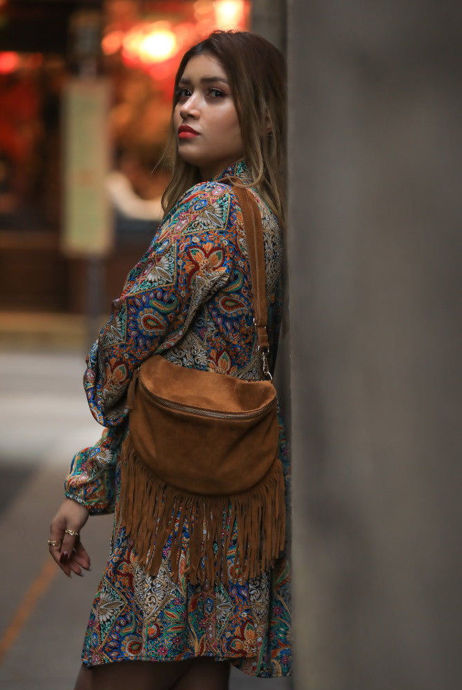 Sac banane en croûte de cuir à franges LOU RODEO Camel