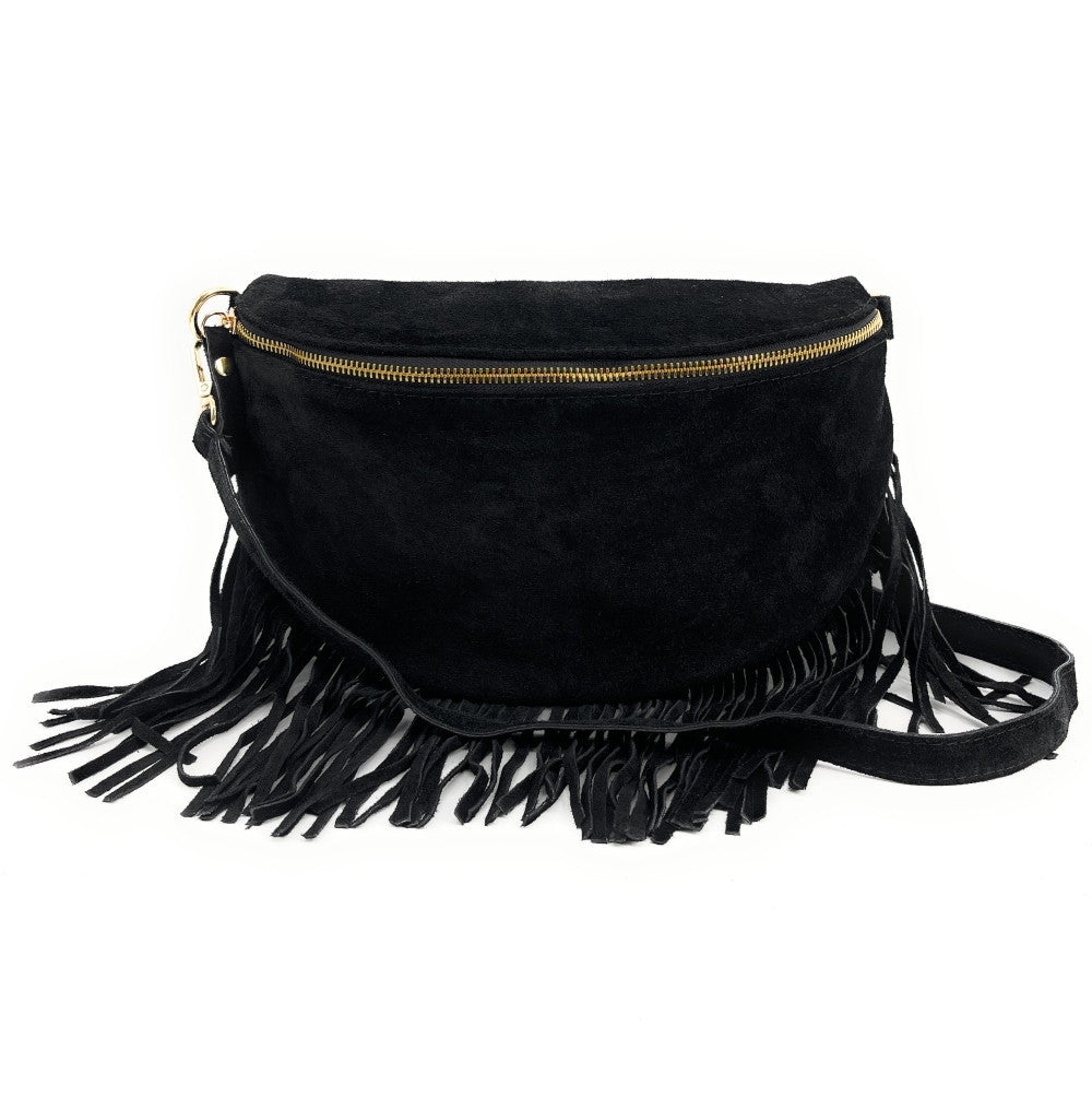 Sac banane en croûte de cuir à franges LOU RODEO Noir