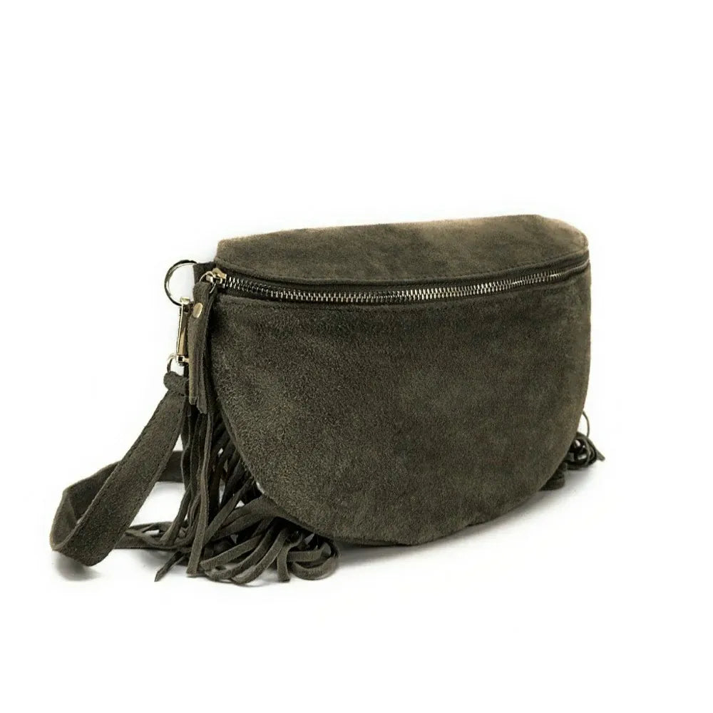 Sac banane en croûte de cuir à franges LOU RODEO Kaki