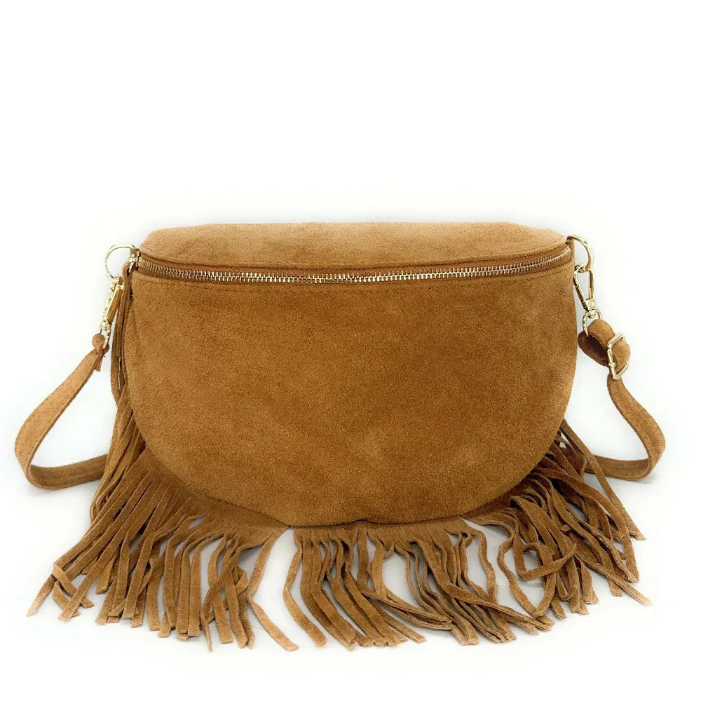 Sac banane en croûte de cuir à franges LOU RODEO Camel clair