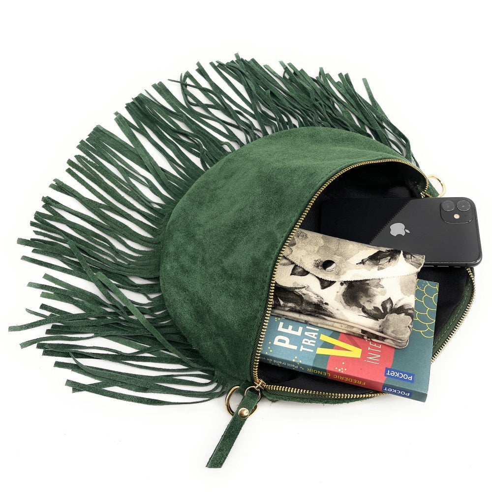 Sac banane en croûte de cuir à franges LOU RODEO Vert forêt