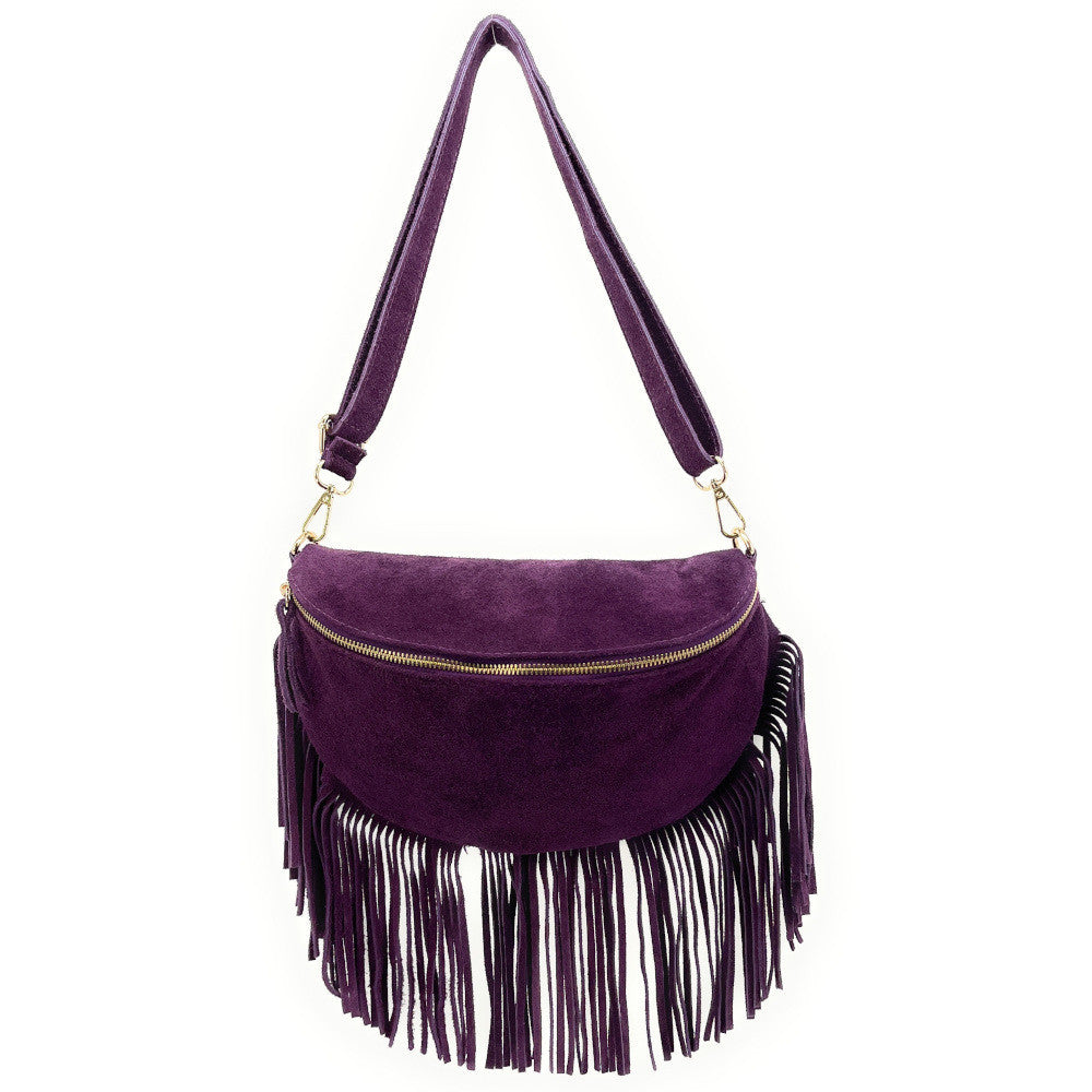 Sac banane en croûte de cuir à franges LOU RODEO Violet