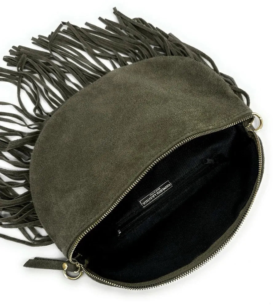 Sac banane en croûte de cuir à franges LOU RODEO Kaki