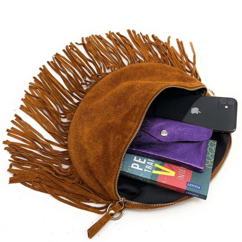 Sac banane en croûte de cuir à franges LOU RODEO Camel