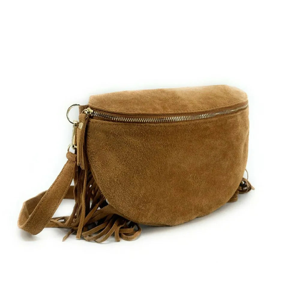 Sac banane en croûte de cuir à franges LOU RODEO Camel clair