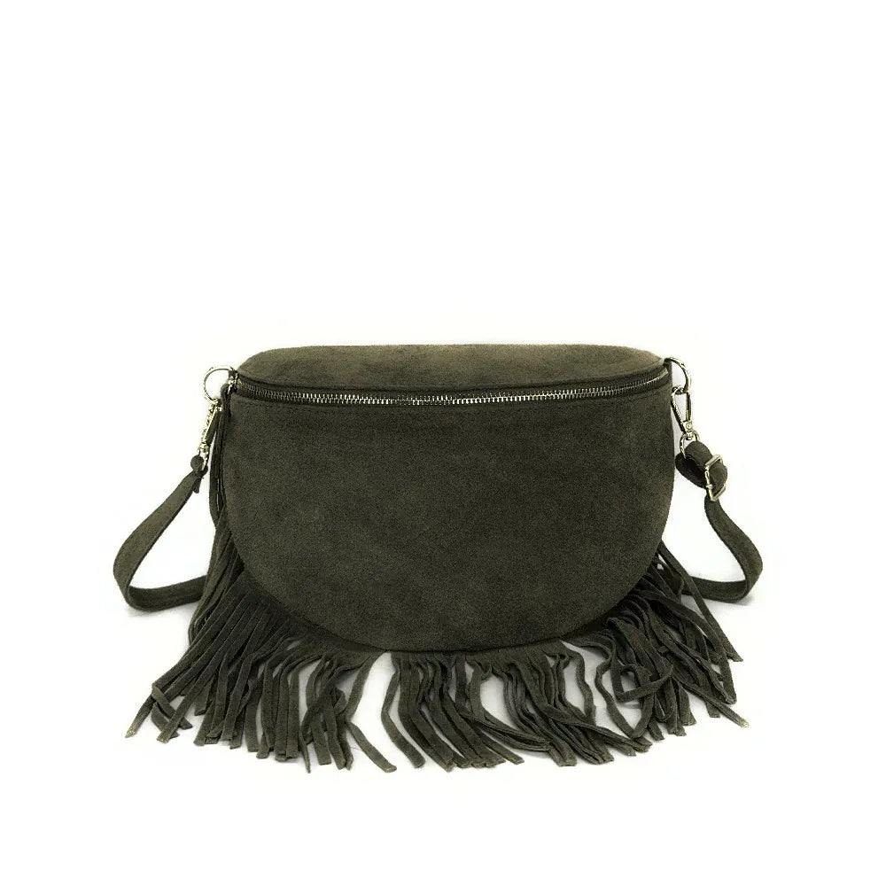 Sac banane en croûte de cuir à franges LOU RODEO Kaki