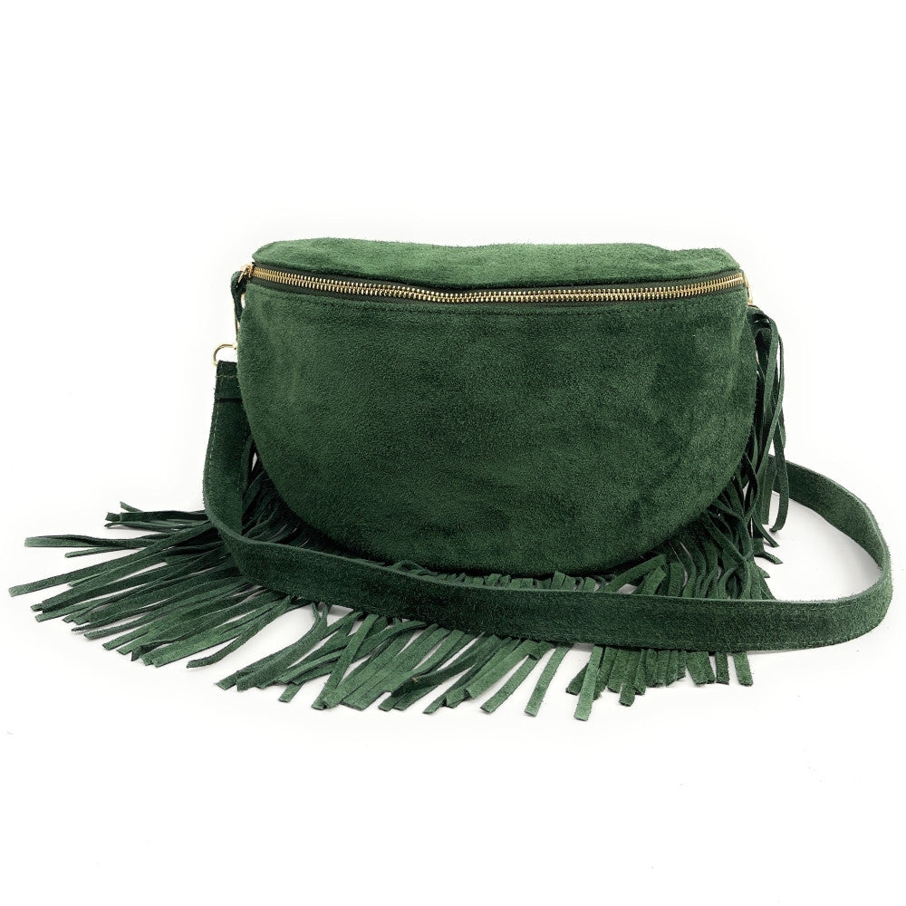 Sac banane en croûte de cuir à franges LOU RODEO Vert forêt
