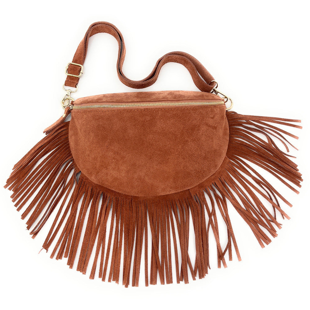 Sac banane en croûte de cuir à franges LOU RODEO Rose intense