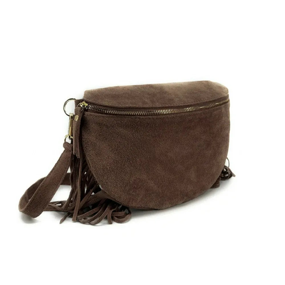 Sac banane en croûte de cuir à franges LOU RODEO Chocolat