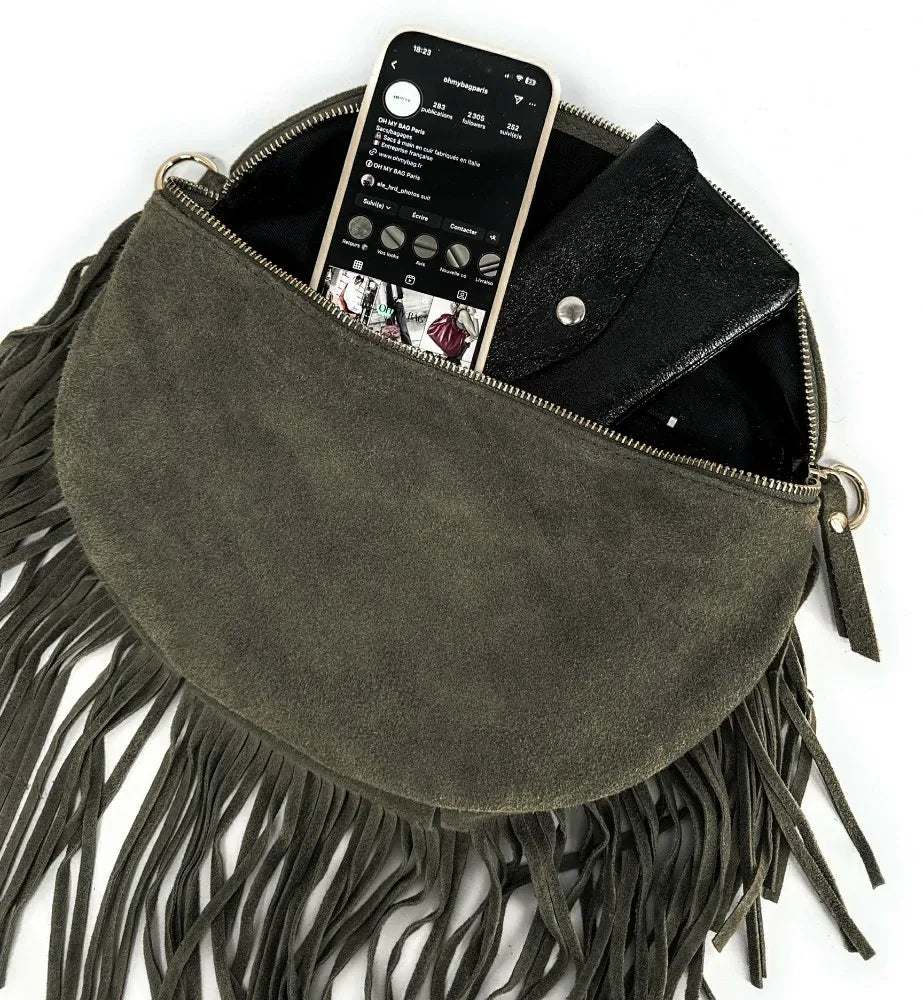 Sac banane en croûte de cuir à franges LOU RODEO Kaki