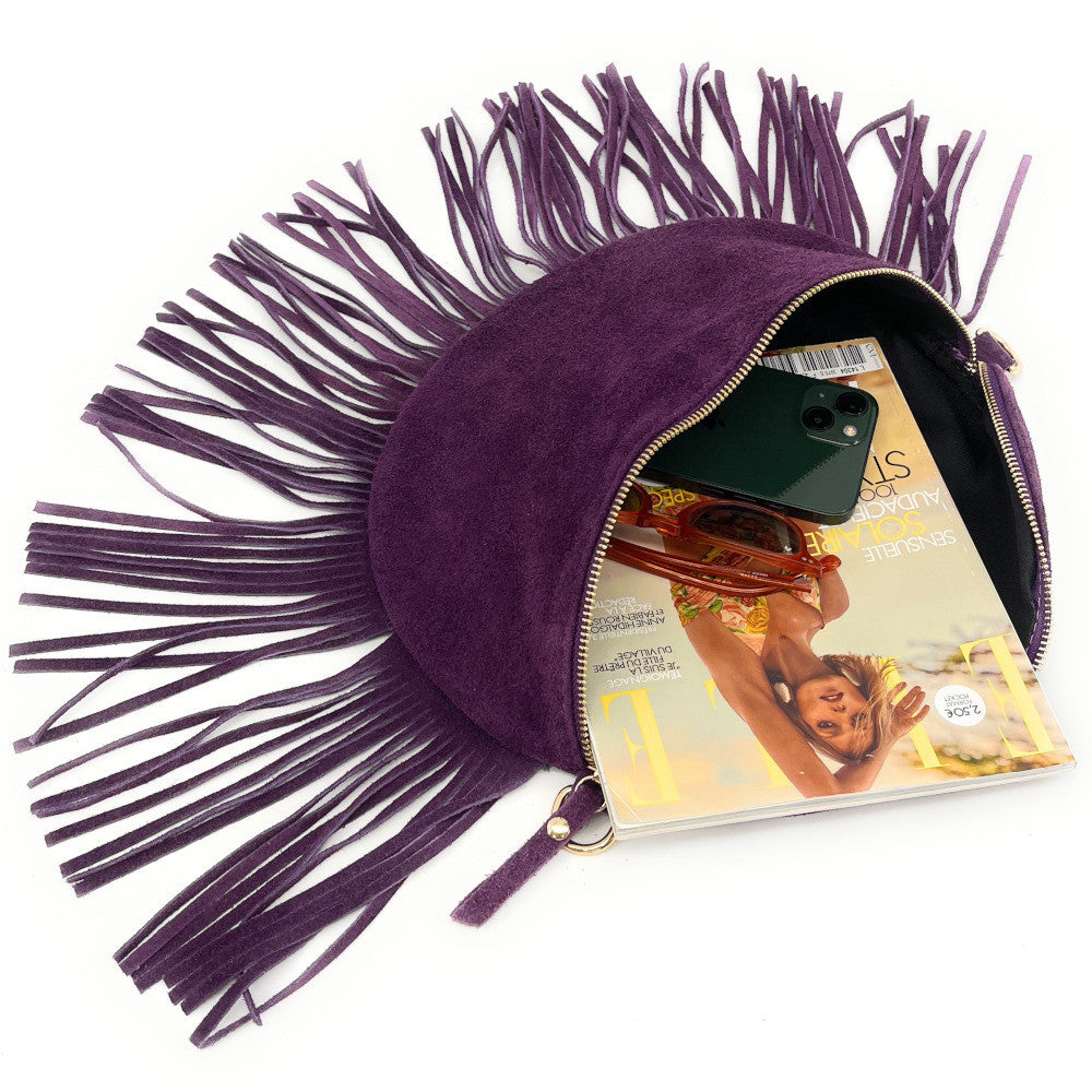 Sac banane en croûte de cuir à franges LOU RODEO Violet