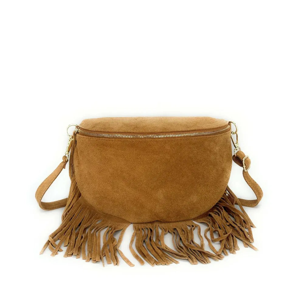 Sac banane en croûte de cuir à franges LOU RODEO Camel clair