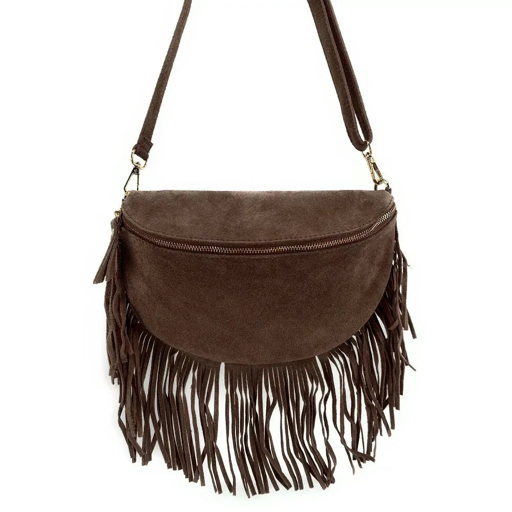 Sac banane en croûte de cuir à franges LOU RODEO Chocolat