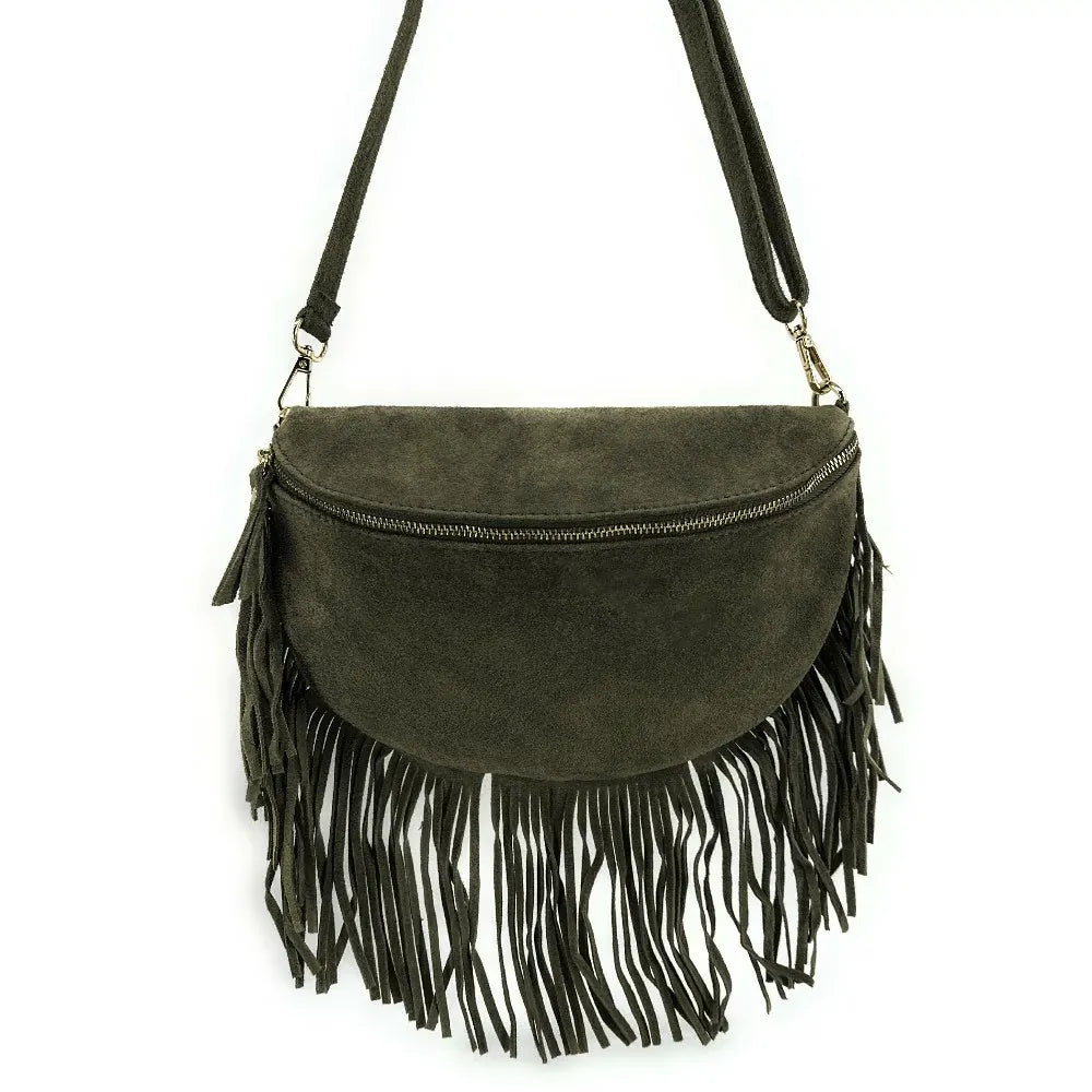 Sac banane en croûte de cuir à franges LOU RODEO Kaki