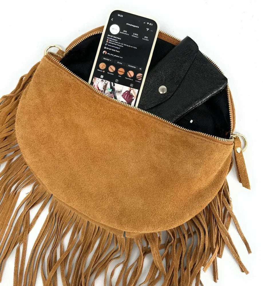 Sac banane en croûte de cuir à franges LOU RODEO Camel clair