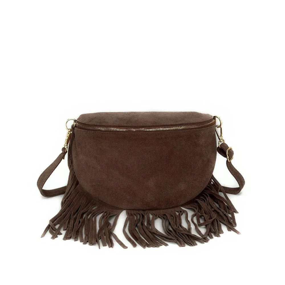 Sac banane en croûte de cuir à franges LOU RODEO Chocolat