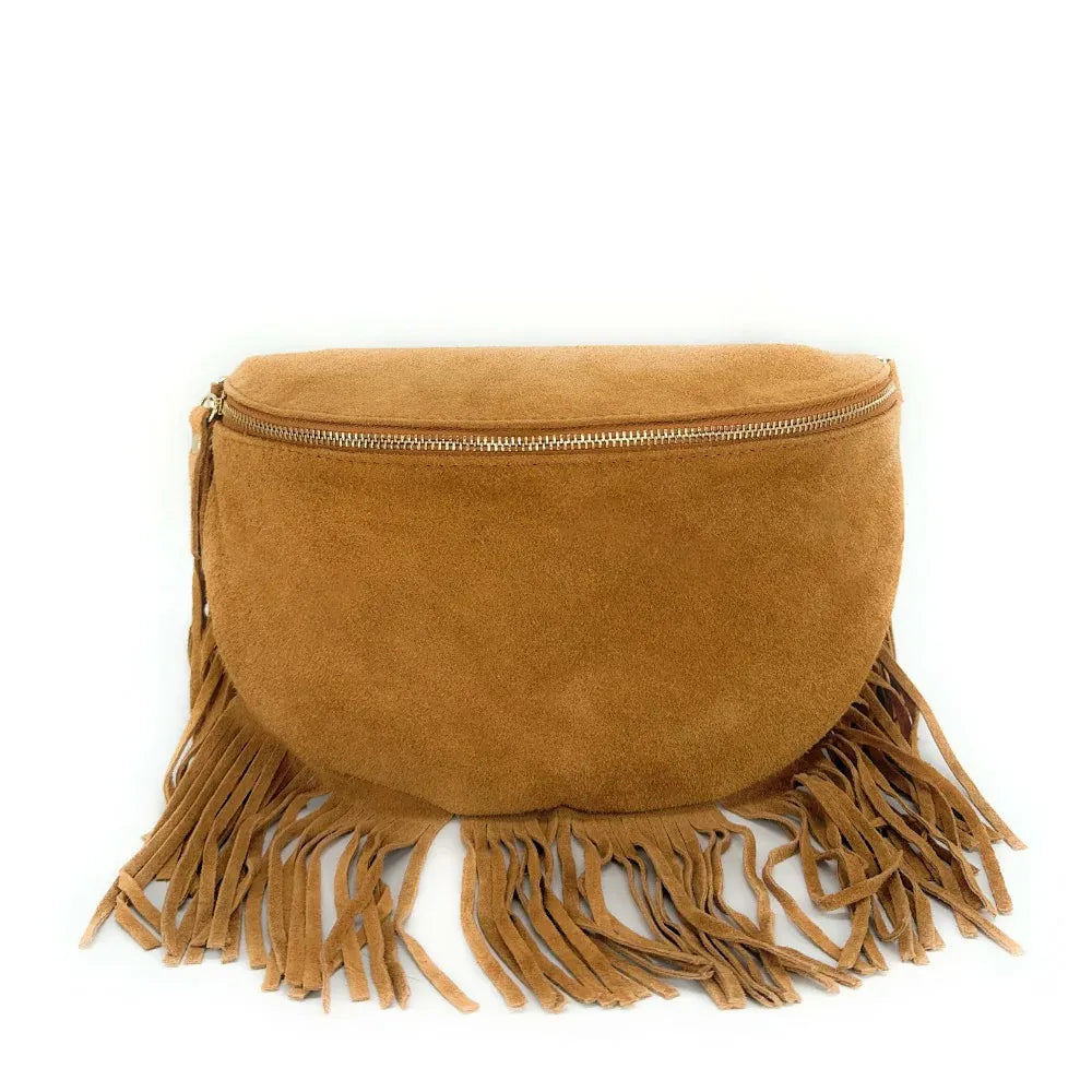 Sac banane en croûte de cuir à franges LOU RODEO Camel clair