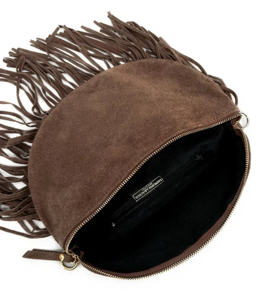 Sac banane en croûte de cuir à franges LOU RODEO Chocolat