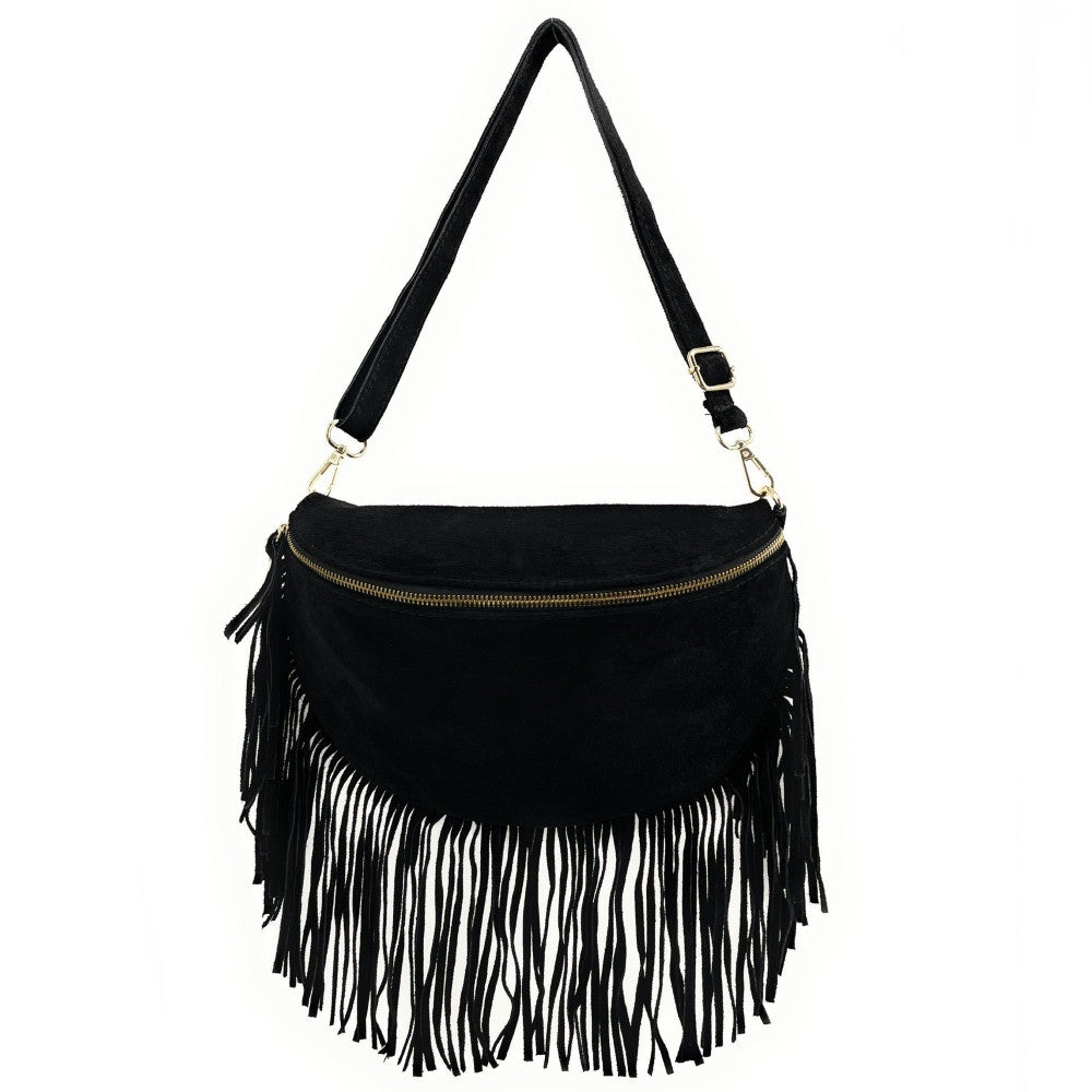 Sac banane en croûte de cuir à franges LOU RODEO Noir