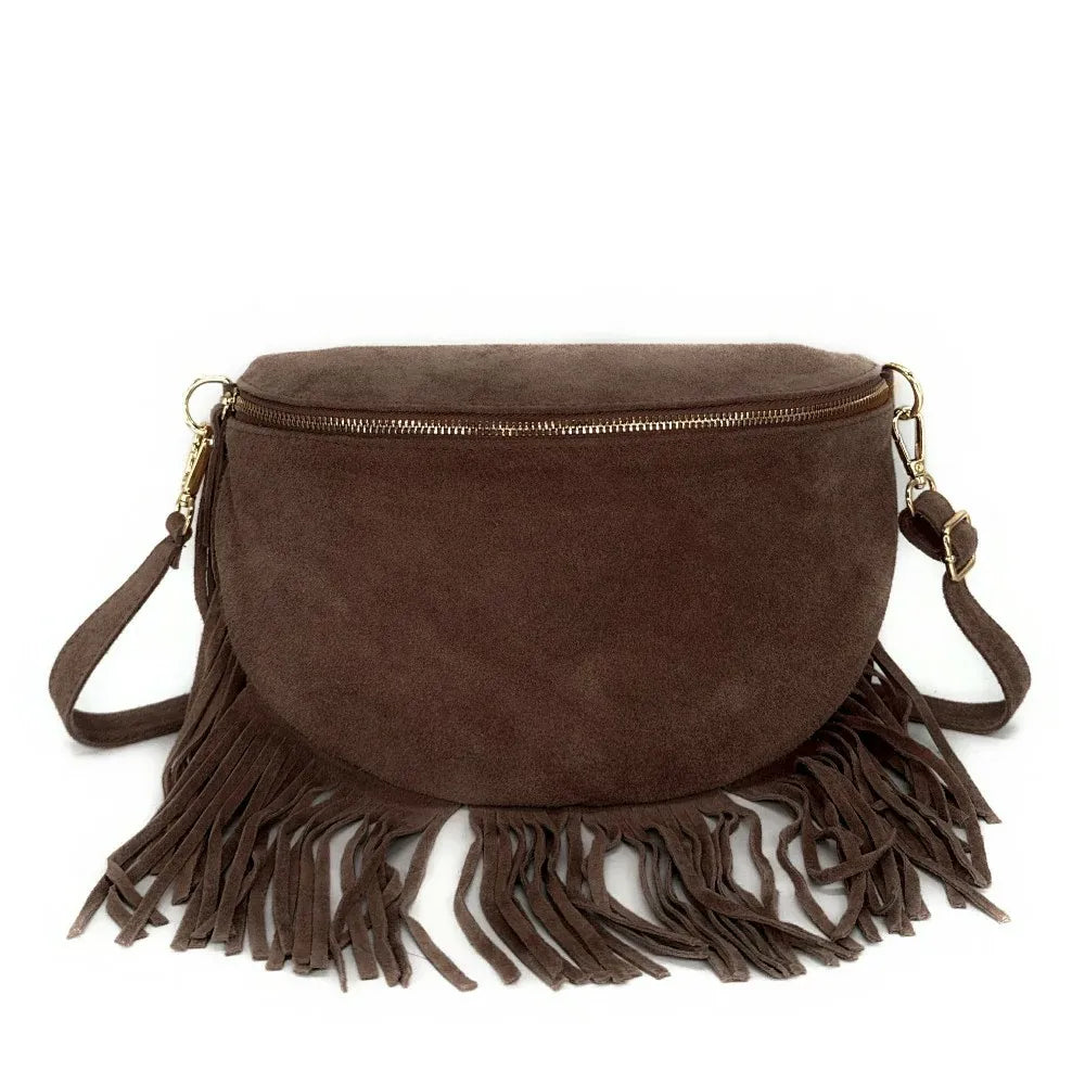 Sac banane en croûte de cuir à franges LOU RODEO Chocolat