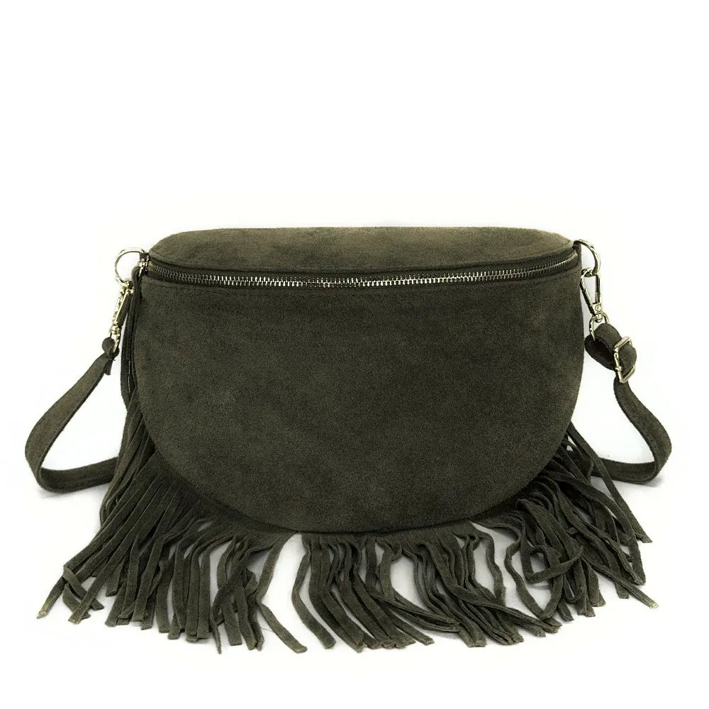 Sac banane en croûte de cuir à franges LOU RODEO Kaki