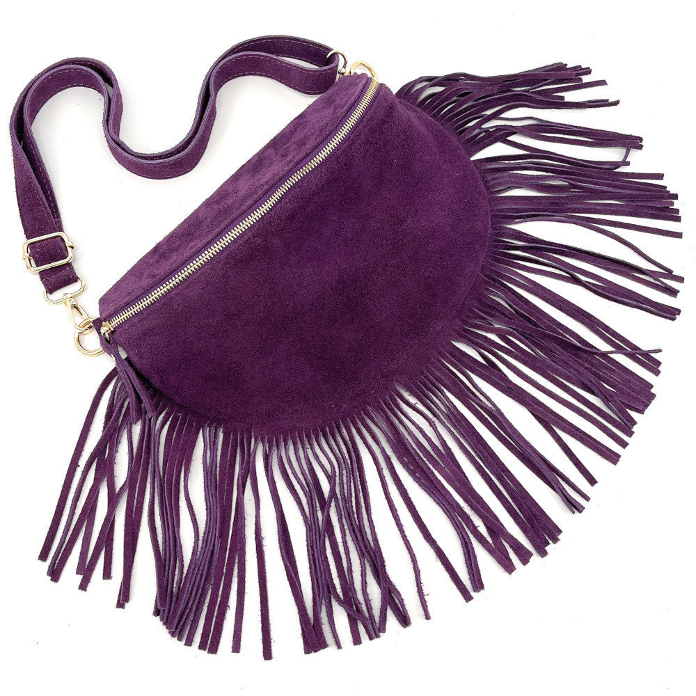 Sac banane en croûte de cuir à franges LOU RODEO Violet