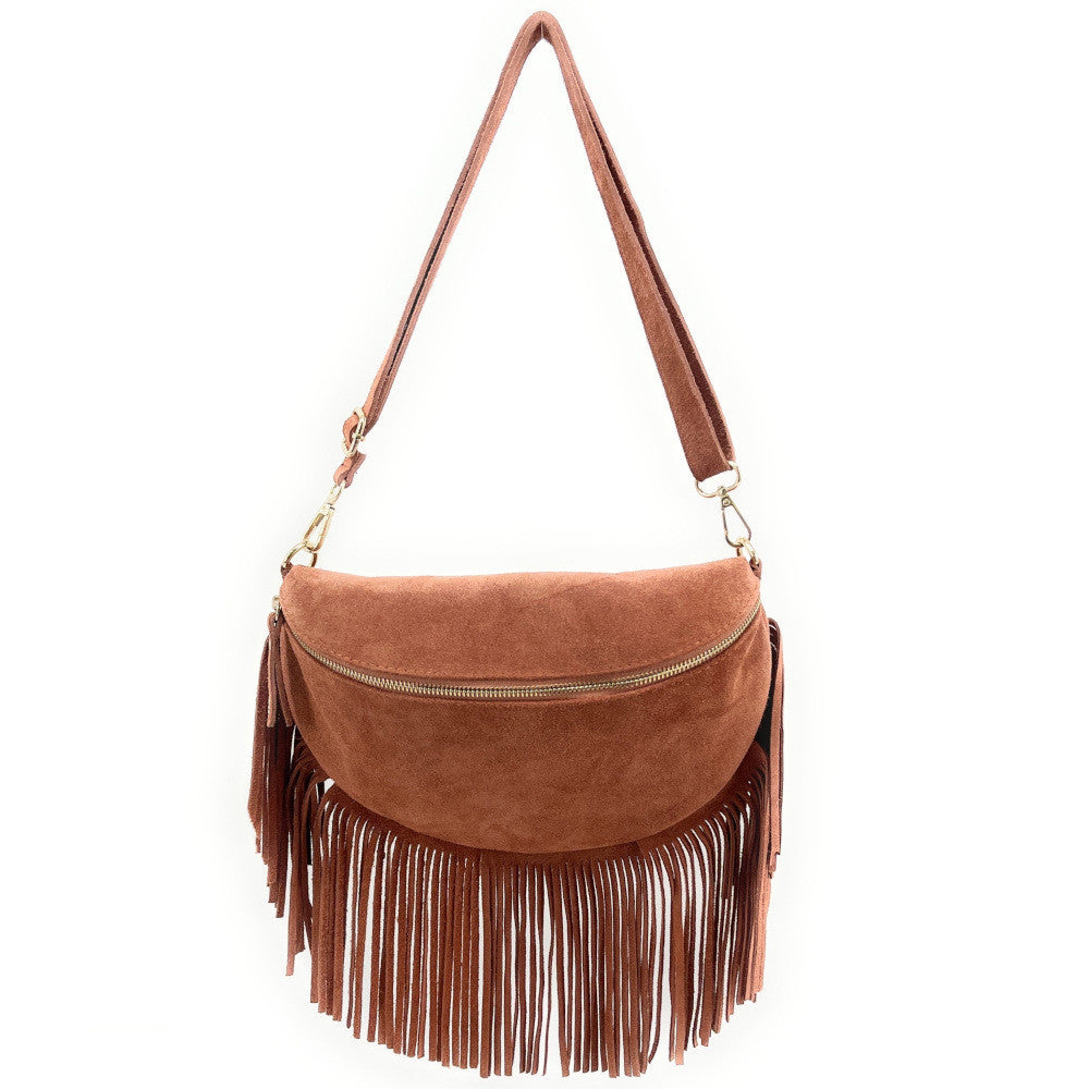 Sac banane en croûte de cuir à franges LOU RODEO Rose intense