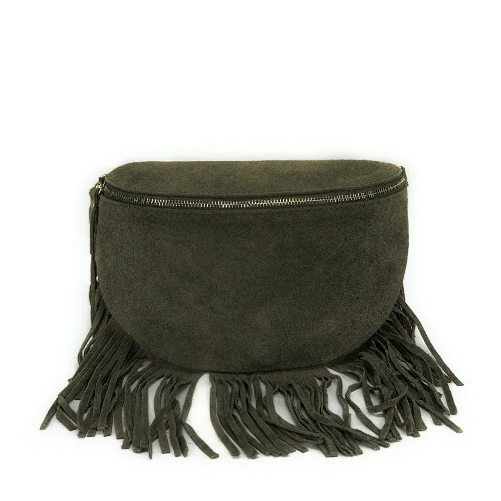Sac banane en croûte de cuir à franges LOU RODEO Kaki