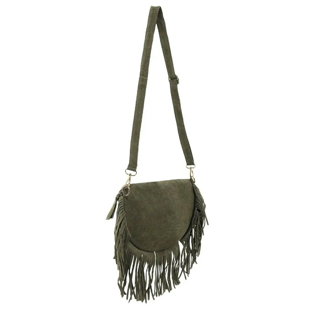 Sac banane en croûte de cuir à franges LOU RODEO Kaki